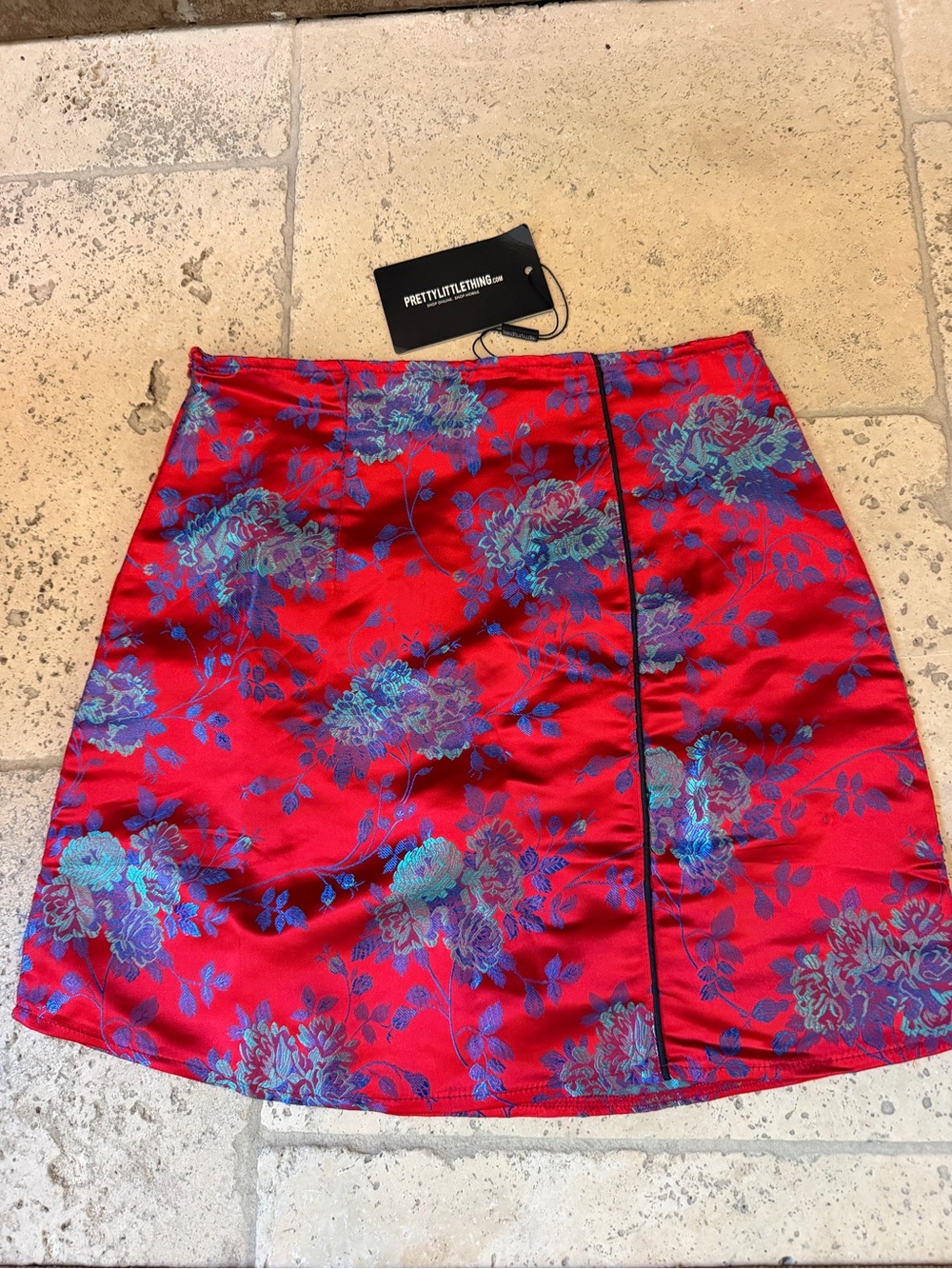 Nwt PrettyLittleThing Red Oriental Print Satin A Line Skirt Womens 8
